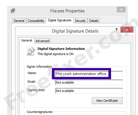 Screenshot of the The court administration office certificate